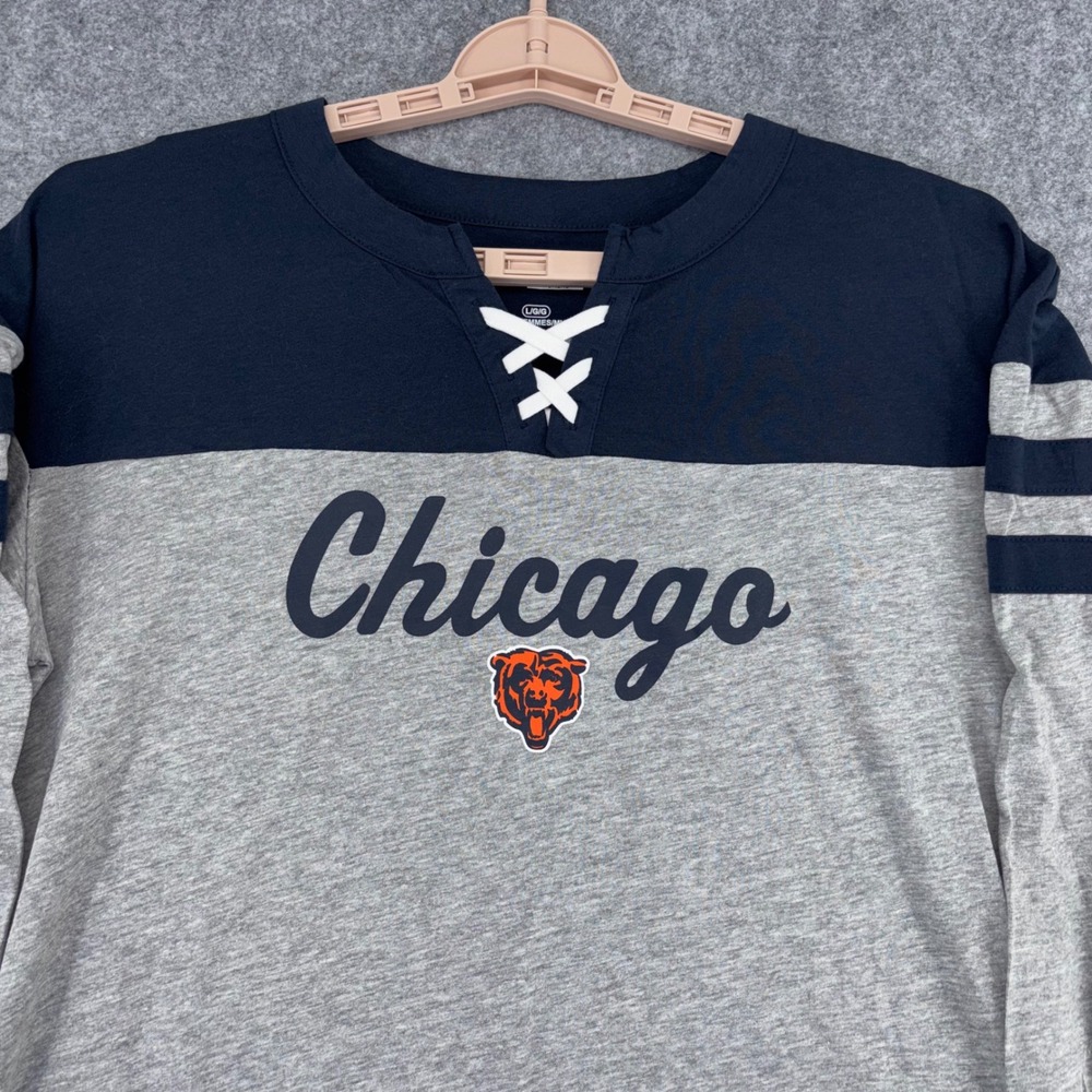 NFL Team Apparel Chicago Bears Women L Grey Navy Lace Up Long Sleeve Shirt NWT